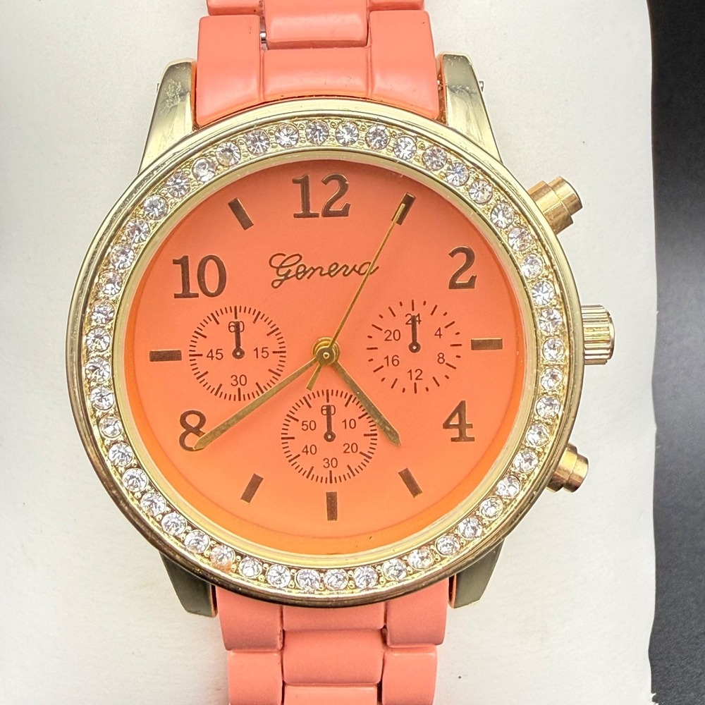 Geneva Womens Gold Tone Crystal Bezel Quartz Watch Coral Band Y2K 512763-P